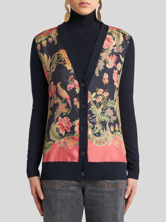 Shop Etro Wool Cardigan With Print In Navy Blue