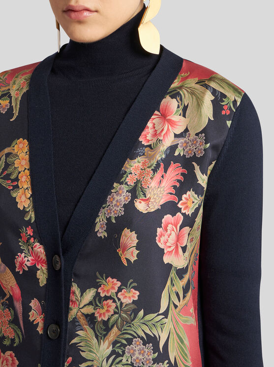 Shop Etro Wool Cardigan With Print In Navy Blue