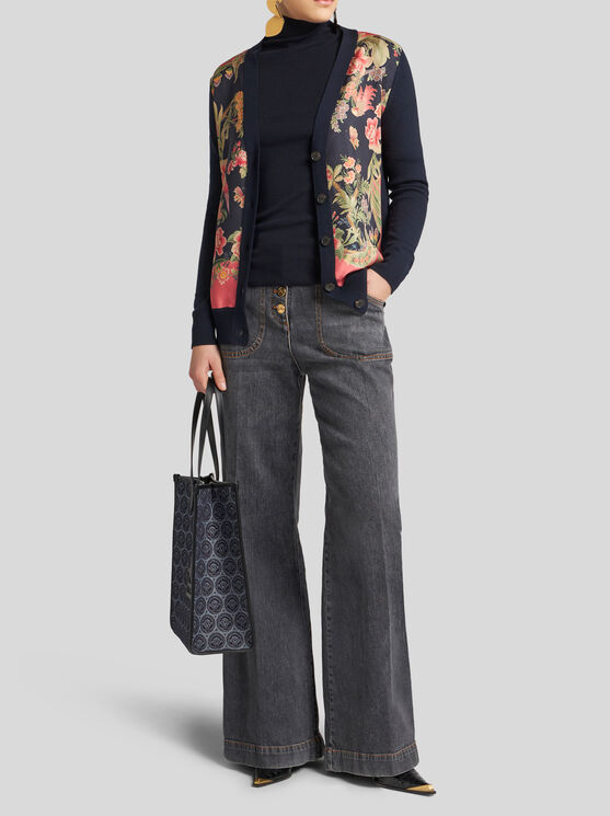 Shop Etro Wool Cardigan With Print In Navy Blue