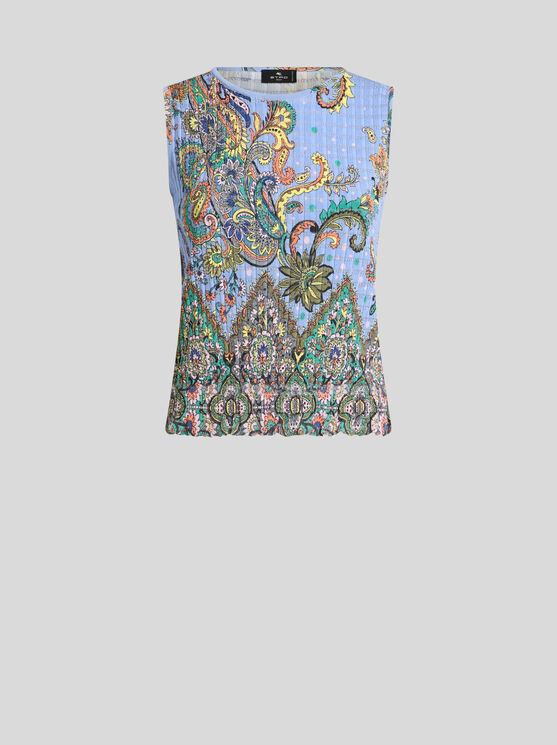Etro , Sleeveless Floral Knit Top, Woman, Light Blue, Size 46 In Light Blue