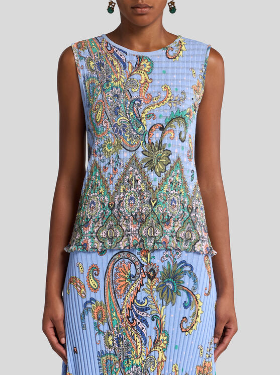 Etro , Sleeveless Floral Knit Top, Woman, Light Blue, Size 46 In Light Blue