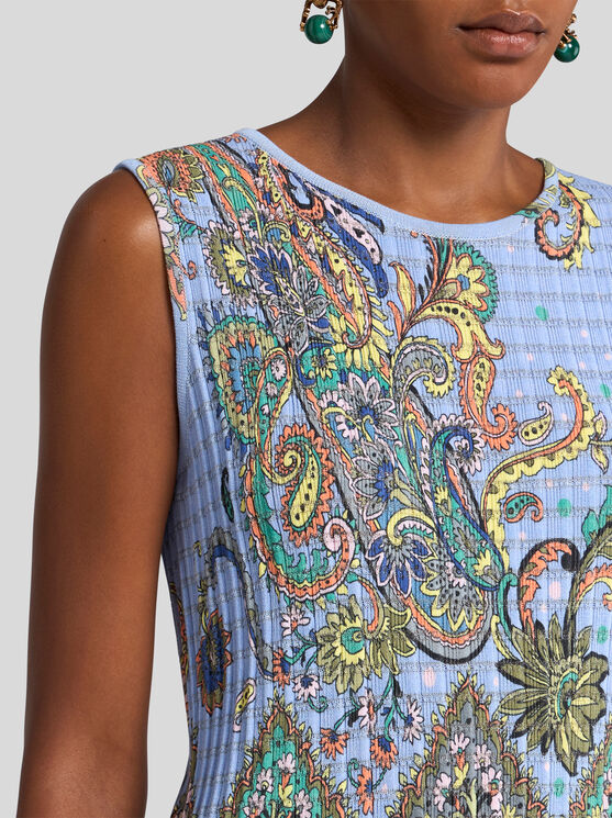 Etro , Sleeveless Floral Knit Top, Woman, Light Blue, Size 46 In Light Blue