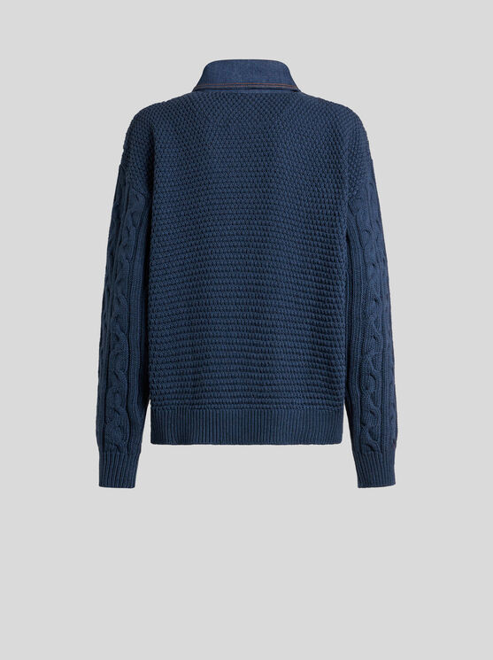 Shop Etro , Knit Polo Shirt With Denim Inserts, Woman, Navy Blue, Size 48