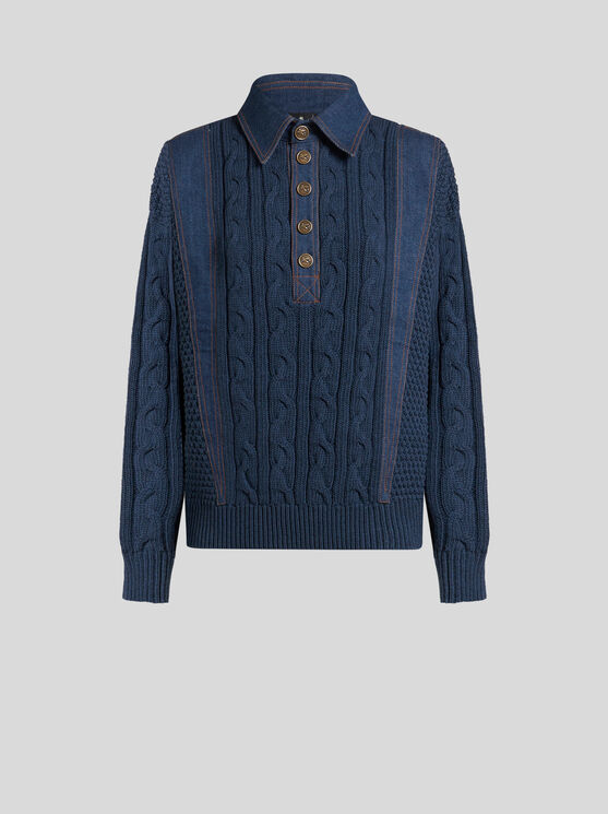 ETRO , KNIT POLO SHIRT WITH DENIM INSERTS, WOMAN, NAVY BLUE, SIZE 48 