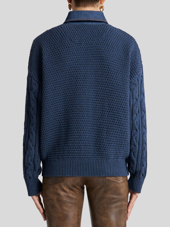 Shop Etro , Knit Polo Shirt With Denim Inserts, Woman, Navy Blue, Size 48