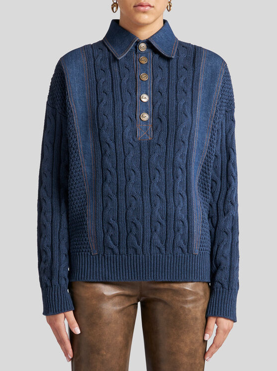 ETRO , KNIT POLO SHIRT WITH DENIM INSERTS, WOMAN, NAVY BLUE, SIZE 48 
