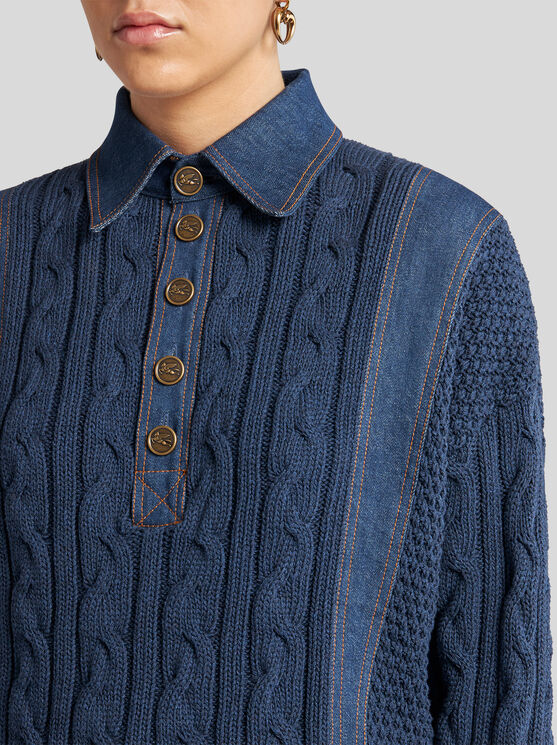 ETRO , KNIT POLO SHIRT WITH DENIM INSERTS, WOMAN, NAVY BLUE, SIZE 48 