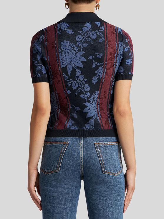 Etro Knit Jacquard Polo Shirt With Floral Motif In Navy Blue