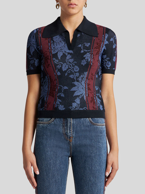 Etro Knit Jacquard Polo Shirt With Floral Motif In Navy Blue