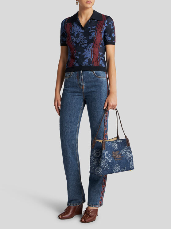 Etro Knit Jacquard Polo Shirt With Floral Motif In Navy Blue