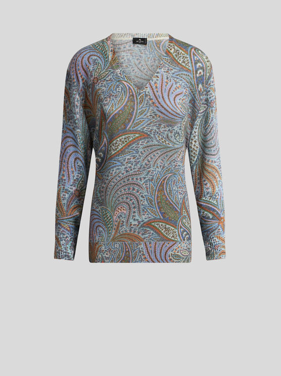 Etro , Wool Sweater With Foliage Motif, Woman, Navy Blue, Size 46 In Navy Blue