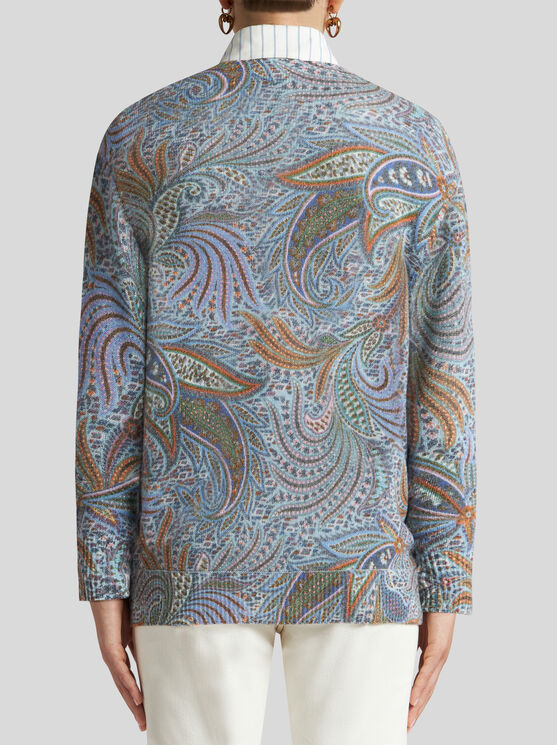 Etro , Wool Sweater With Foliage Motif, Woman, Navy Blue, Size 46 In Navy Blue