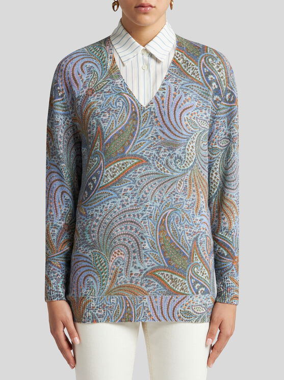 Etro , Wool Sweater With Foliage Motif, Woman, Navy Blue, Size 46 In Navy Blue