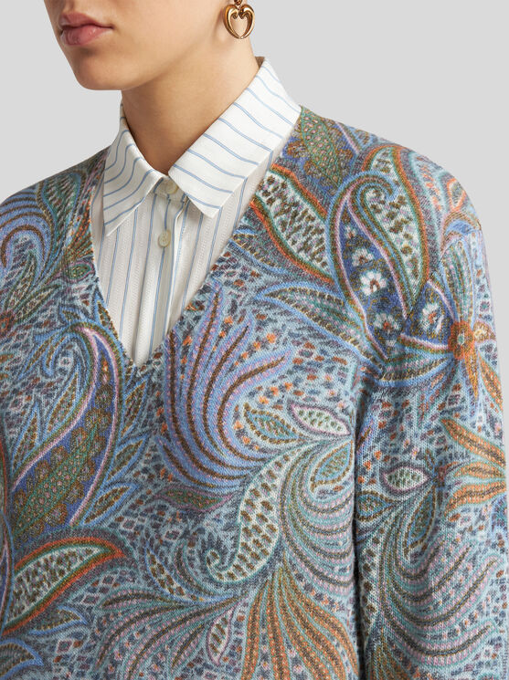 Etro , Wool Sweater With Foliage Motif, Woman, Navy Blue, Size 46 In Navy Blue