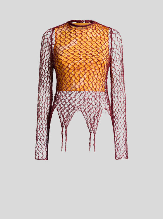Etro , Mesh-effect Long-sleeved Sweater, Woman, Orange, Size 46 In Orange