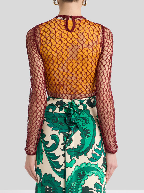 Etro , Mesh-effect Long-sleeved Sweater, Woman, Orange, Size 46 In Orange
