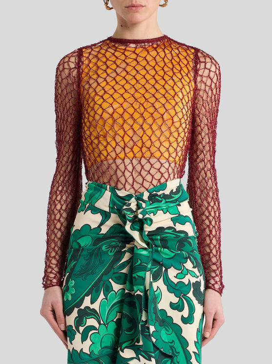 Etro , Mesh-effect Long-sleeved Sweater, Woman, Orange, Size 46 In Orange