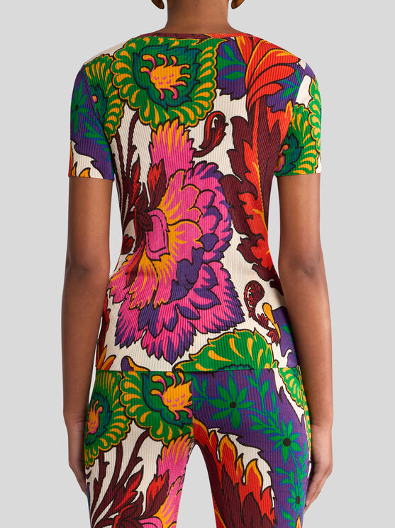Etro Ribbed T-shirt With Multicoloured Floral Print In Multicolour