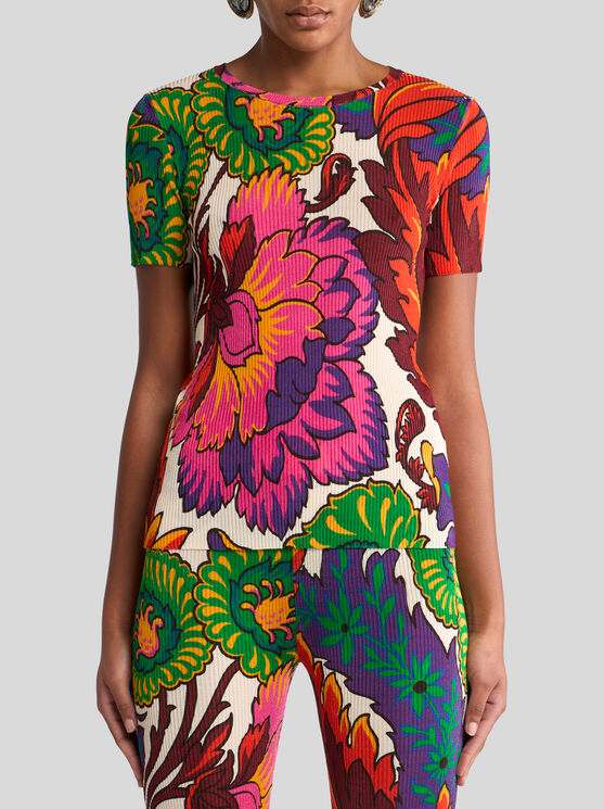 Etro Ribbed T-shirt With Multicoloured Floral Print In Multicolour