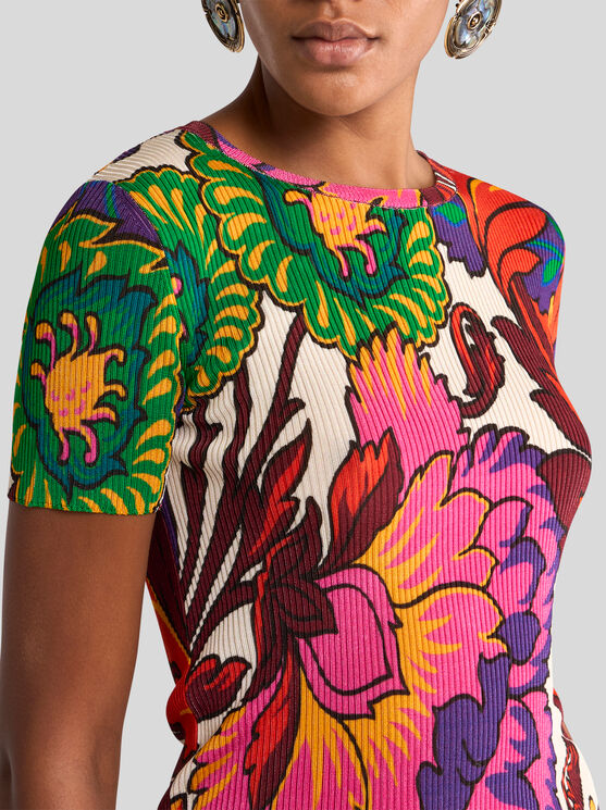 Etro Ribbed T-shirt With Multicoloured Floral Print In Multicolour