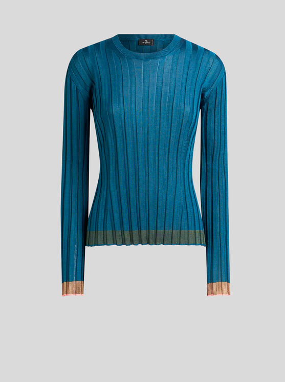 Etro , Ribbed Sweater, Woman, Blue, Size 50 In Blue