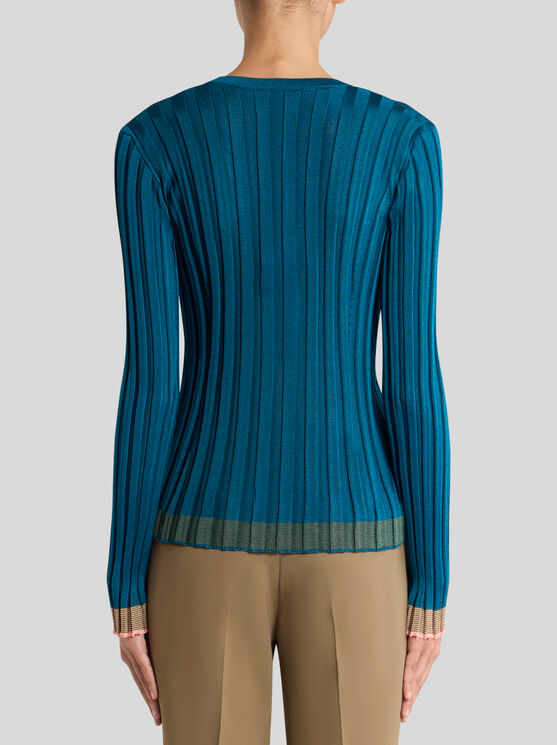 Etro , Ribbed Sweater, Woman, Blue, Size 50 In Blue