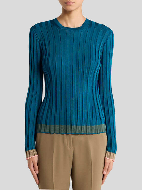 Etro , Ribbed Sweater, Woman, Blue, Size 50 In Blue