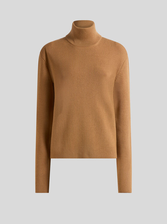 Etro Ribbed Knit Turtleneck Wool Sweater In Brown