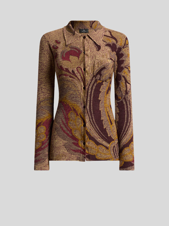 Etro Ribbed Wool Cardigan With Daffodil Motif In Brown