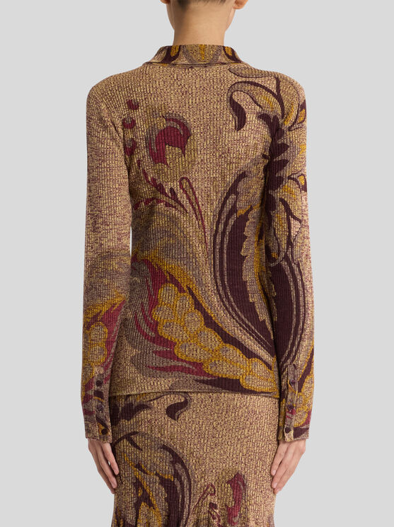 Etro Ribbed Wool Cardigan With Daffodil Motif In Brown