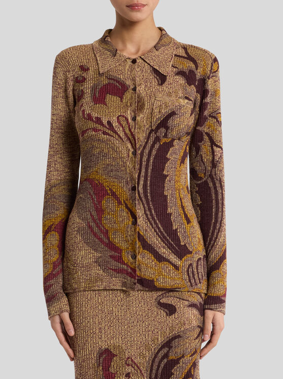 Etro Ribbed Wool Cardigan With Daffodil Motif In Brown