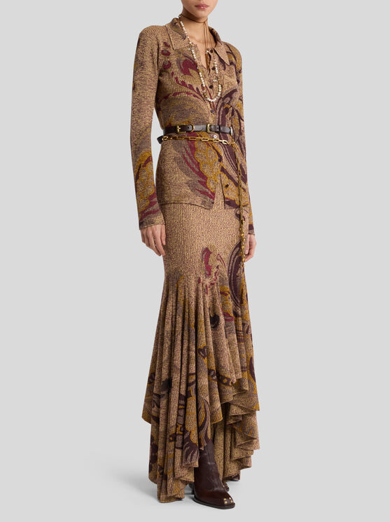 Etro Ribbed Wool Cardigan With Daffodil Motif In Brown