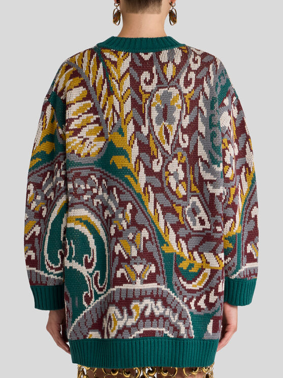 Etro Patterned Jacquard Wool Sweater With Dropped Shoulders In Green