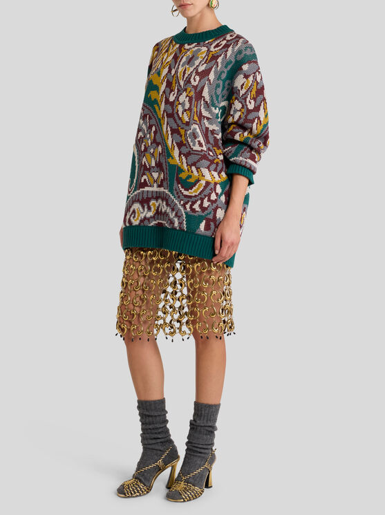 Etro Patterned Jacquard Wool Sweater With Dropped Shoulders In Green
