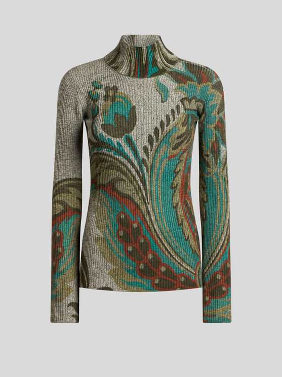 Etro Ribbed Turtleneck Sweater With Paisley Print In Gray