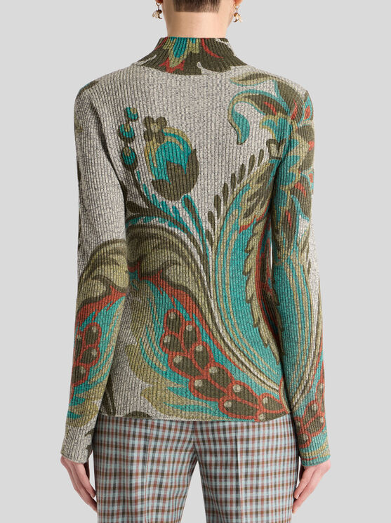 Etro Ribbed Turtleneck Sweater With Paisley Print In Gray