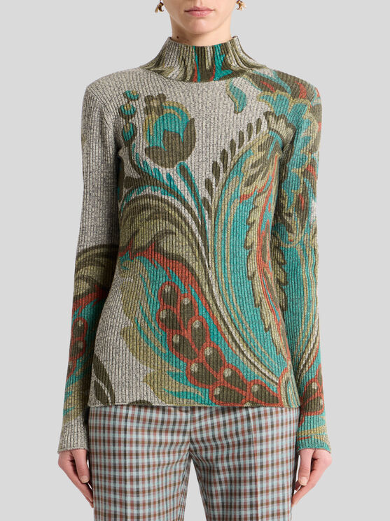 Etro Ribbed Turtleneck Sweater With Paisley Print In Gray