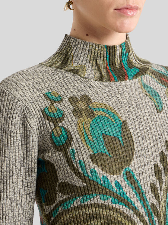 Etro Ribbed Turtleneck Sweater With Paisley Print In Gray