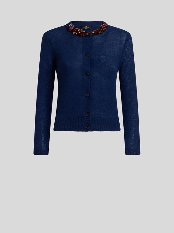 Etro , Silk And Cashmere Cardigan With Embroidery, Woman, Blue, Size 46 In Blue