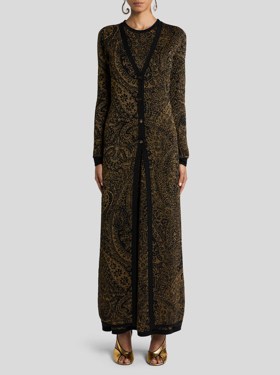 Etro , Maxi Cardigan In Wool-blend Jacquard With Metallic Paisley Motif, Woman, Gold, Size 48 In Multi