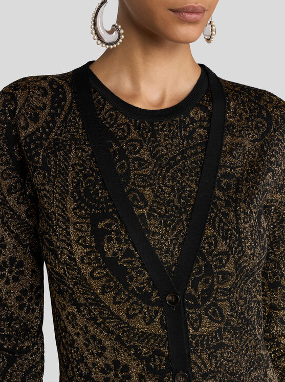 Etro , Maxi Cardigan In Wool-blend Jacquard With Metallic Paisley Motif, Woman, Gold, Size 48 In Multi