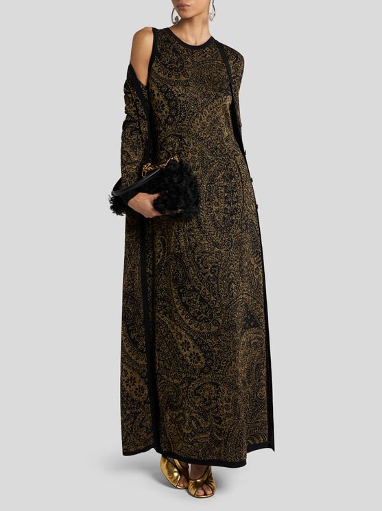 Etro , Maxi Cardigan In Wool-blend Jacquard With Metallic Paisley Motif, Woman, Gold, Size 48 In Multi