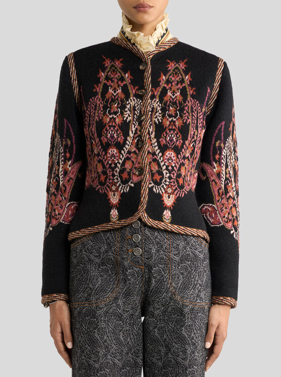 Etro , Cropped Jacquard-cardigan Aus Einer Wollmischung Mit Paisley-motiv, Damen, Schwarz, Grösse 50 In Black