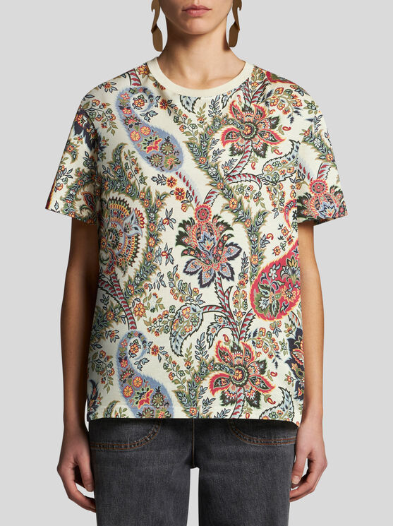 Shop Etro Cotton T-shirt With Print In Beige