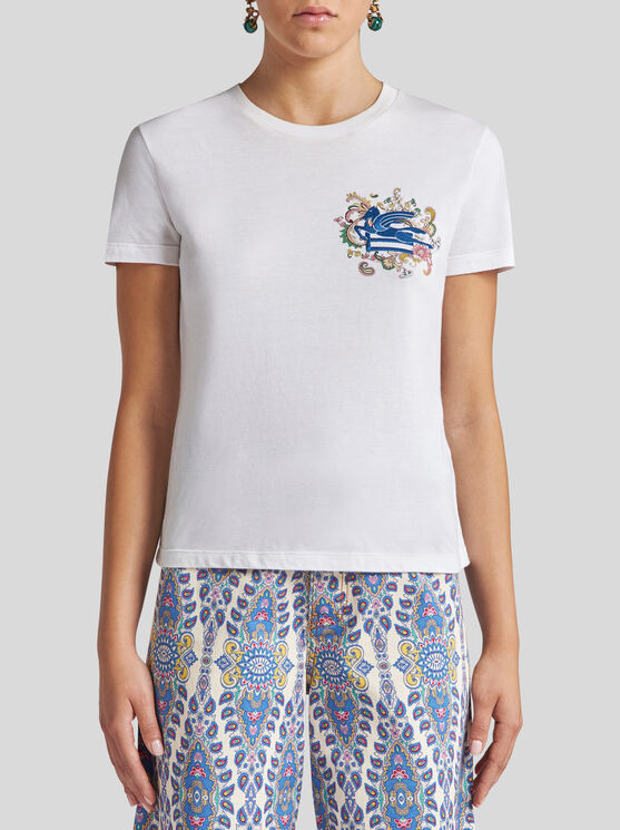 Etro T-shirt Mit Aufgesticktem Pegaso Und Monogramm In Weiss