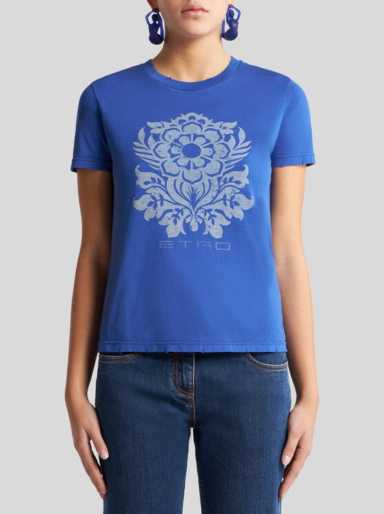 Etro T-shirt Aus Jersey Mit Blumen-print In Elektroblau