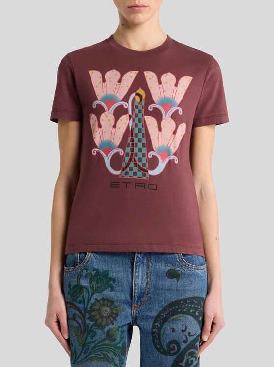 Etro Printed Cotton T-shirt In Burgundy In Burgundy