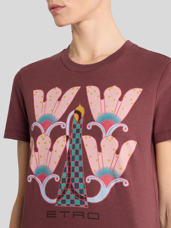 Etro Printed Cotton T-shirt In Burgundy In Burgundy