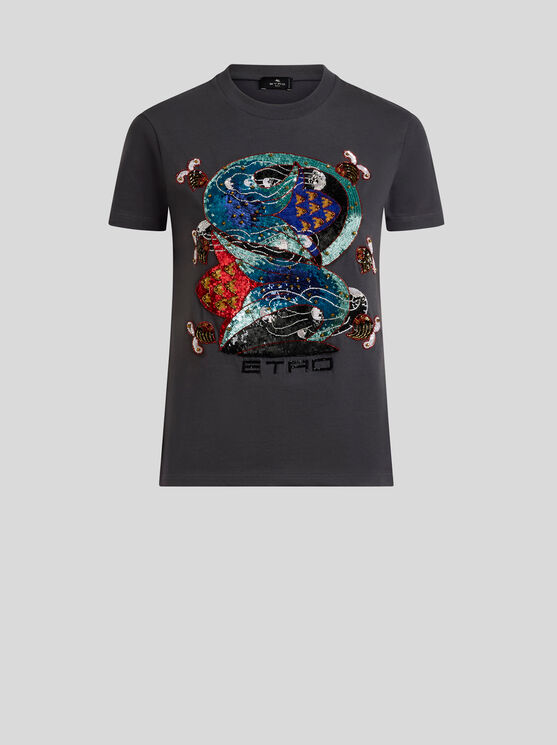 Etro Cotton T-shirt With Sequin Embroidery In Gray