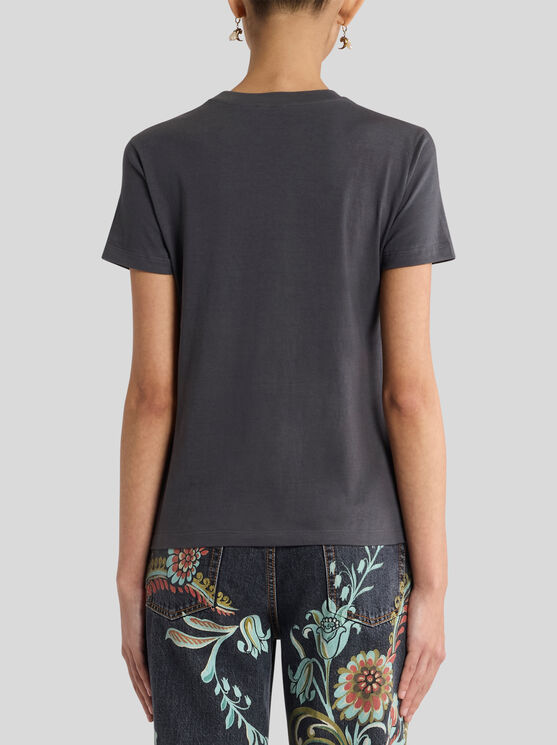 Etro Cotton T-shirt With Sequin Embroidery In Gray
